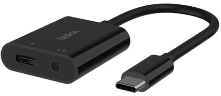 Belkin RockStar™ 3,5-mm-Audio- + USB-C®-Ladeadapter, Kopfhörer-Adapter, Schnellladen mit USB-C Power Delivery, 60 W, u. a. für iPhone 15, iPad Pro, Galaxy, Note, Google Pixel, LG, Sony Xperia, Schwarz