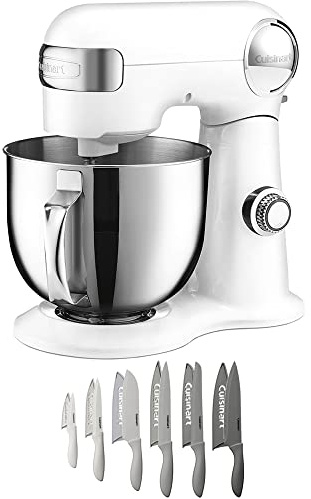 Cuisinart SM-50 Precision Master 5.5-Quart Stand Mixer, White Linen Bundle with Cuisinart Advantage 12-Piece Gray Knife Set with Blade Guards