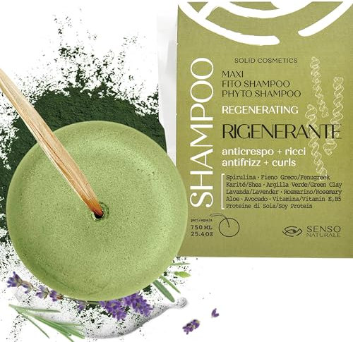 Senso Naturale Shampoo Solido Rigenerante Anticrespo per Capelli Ricci, 100% Ecologico, Vegano, Bio, Naturale con Spirulina, Fieno greco, Argilla Verde, PH 4.5-5.5