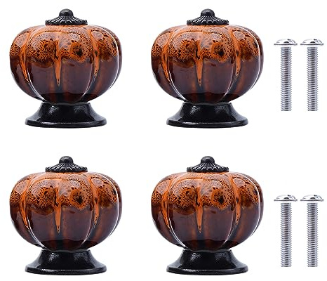 NAKUPENDA Keramik Schrankknöpfe 4 Stück Vintage Kürbis Keramik Möbelknauf Schrankgriffe Keramikknöpfe mit Schrauben für Küchenschrank Schubladen Kommode Kleiderschrank (Orange)