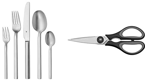 WMF Alteo Besteckset 12 Personen, Essbesteck 60 teilig, Monobloc-Messer, Cromargan Edelstahl mattiert, spülmaschinenfest & Küchenschere Touch schwarz Cromargan Edelstahl rostfrei Kunststoff