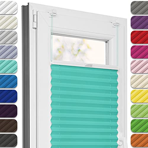 Estika Plissee ohne Bohren, Premium Klemmfix - 45cm Breite x 150cm Höhe - Türkis - Metal Plisseehalter ohne Bohren, Modern Sichtschutz für Fenster, Jalousien Fenster für innen