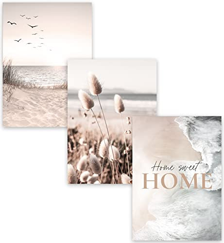 MUUDLY® 3er Poster Set 50x70 cm – Strand & Pampasgras Wandbilder in Beige – Moderne Hochformat Kunstdrucke ohne Rahmen – Große Wanddeko für Wohnzimmer & Schlafzimmer