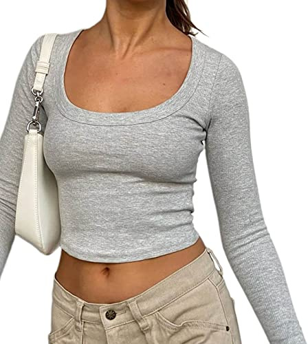Betrodi Women Skinny Long Sleeve Crop Tops Square Neck Bodycon Shirts Low Cut Basic Solid Tee Sexy Ribbed Knitted Shirt (Basic Gray, S)