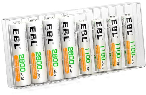 EBL 8PCS AA et AAA Piles Rechargeables NIMH 1,2V, avec 4PCS AA Piles Rechargeables 2800mAh et 4PCS AAA 1100mAh, Large Compatibilité avec Jouet, Télécommande, Manette, Rasoir, etc.