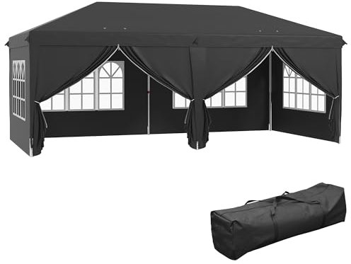 Outsunny 3 x 6 m Garden Pop Up Gazebo, Wedding Party Tent Marquee, Water Resistant Awning Canopy with Sidewalls, Windows, Carry Bag, Black