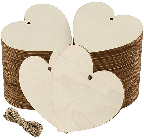 YIXNSW 60 Stück 10 x 10cm Holzherzen mit 10m Jute Schnur - Holzherz Deko Groß mit Loch für Hochzeit, Party, Jubiläum, Basteln, Geschenkanhänger
