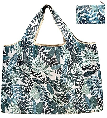HYMUUNI Large Foldable Shopping Tote Bag Water Resistant Shopping Tote Bag Reusable Eco Waterproof Tote Shopping Bag for Daily Use in Pocket (Green leaves)