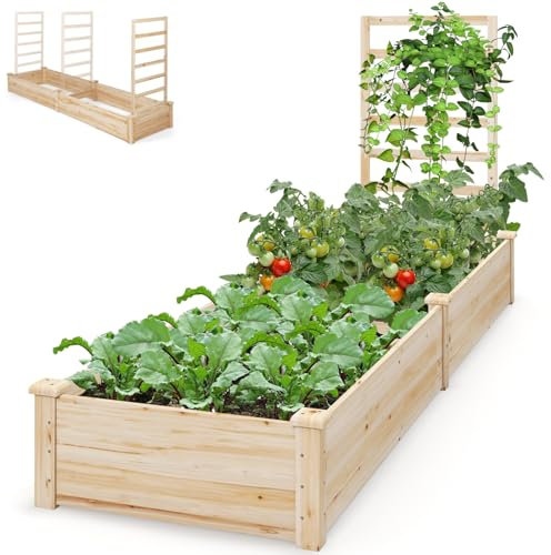 GiantexUK Garden Planter with Trellis, 300L/600L Wood Raised Garden Bed with 2 Compartments, Outdoor Elevated Flower Pots Planting Box for Climbing Plants Vine Vegetables Herbs (1 Trellis, 300L)
