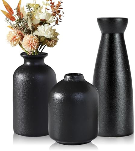Lighterday Juego de 3 jarrones bohemios de cerámica, decoración moderna, jarrón negro, pequeño para flores de hierba de Pampas, para salón, mesa, alféizar de ventana (negro-B)