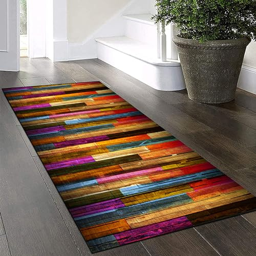 Yinghesheng Teppich Läufer Flur Küche rutschfest Waschbar 60x200cm Bunter Holzmaserung Patchwork Kücheteppich Küchenläufer Meterware Korridor Tepiche Schlafzimmer Schmutzfangmatte Breit 40-140Cm