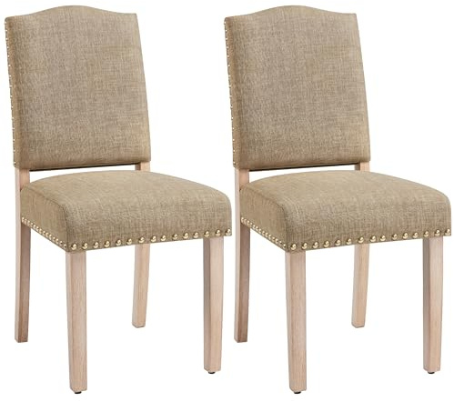 Yaheetech 2PCS de Sillas de Comedor de Respaldo Alto, Sillas de Cocina, Piernas de Madera Maciza, Diseño Clásico, Reposabrazos con Botones de Bronce y Asientos Acolchados Khaki