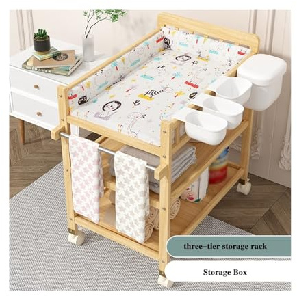 Linmeas-753 Wickeltisch Massivholz-Wickeltisch, Babypflegetisch, in die Badewanne integriertes multifunktionales Aufbewahrungsregal, Wickeltisch for Neugeborene Kinderzimmer Organizer