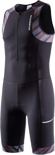 MY KILOMETRE Tuta da Triathlon da Uomo Senza Maniche – Trisuit Traspirante Asciugatura Rapida con Tasca Posteriore per Nuoto Ciclismo e Corsa(Grigio XL)