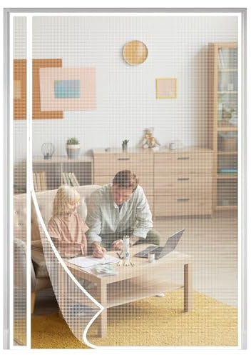 Insektenschutz Fliegengitter Fenster, 80x210cm mit Eingenähten Gewichten Automatisch Verschließen Ohne Bohren Weiß