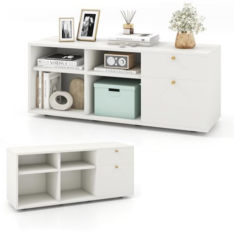 KOMFOTTEU - Armadietto con 4 cubi semi-aperti e 2 cassetti, armadio multifunzionale con piedini regolabili, mobile laterale in legno, 108 x 39 x 50 cm, Bianco