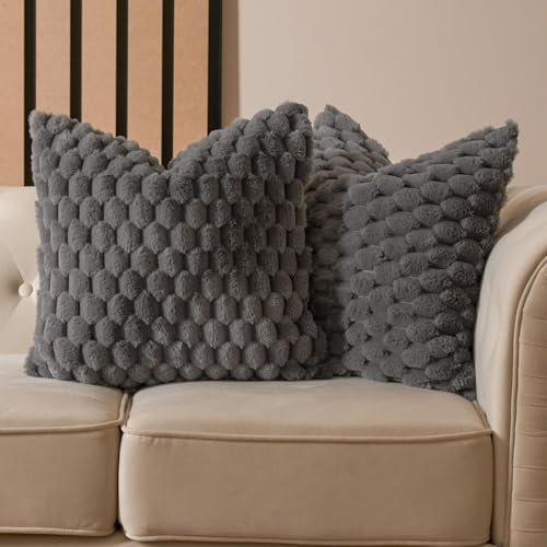 OHS Waffle Faux Fur Grey Cushions, Decorative Throw Pillows for Sofa Cushions Living Room Scatter Cushions Covers Textured Soft Comfy Home Decor, Pack of 2 - Charcoal Grey