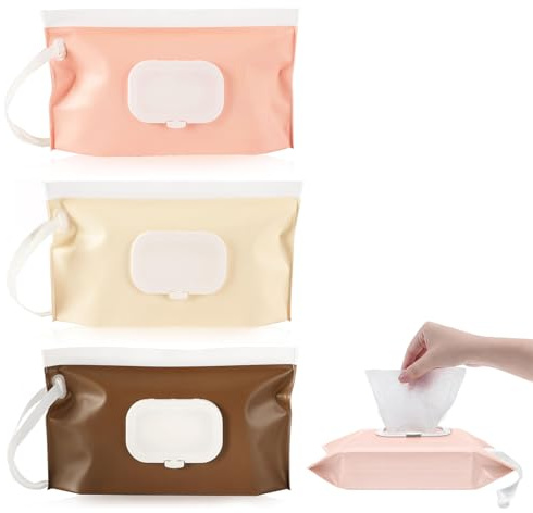 TELAIN Feuchttuchspender, 3er-Pack tragbarer nachfüllbarer Feuchttuchbehälter, wiederverwendbarer Reise-Feuchttuchspender für Babys, Wasser- und staubdicht (Rotrosa & Creme & Braun)