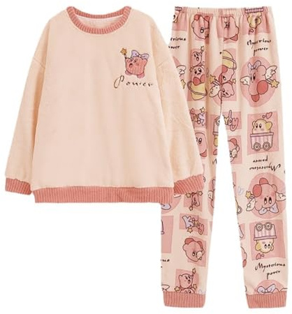 Satdflie Cartoon Pigiama Invernale in Pile Pigiama Due Pezzi Maglia Manica Lunga e Pantalone Lungo Flanella Camicia da Notte per Petite Donna Ragazza
