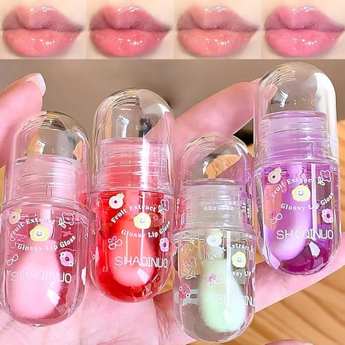 Pakivs 4Pcs Big Brush Head Lippenöl-Set, Lippenöl mit Fruchtgeschmack Ultra-feuchtigkeitsspendender, pflegender Lipgloss, glattes, glänzendes Finish Lip Glow Öl, nicht klebriger Lipgloss für trockene | Lippenöl mit Fruchtgeschmack, feuchtigkeitsspendend, pflegend, glänzendes Finish, Partygeschenk für Frauen