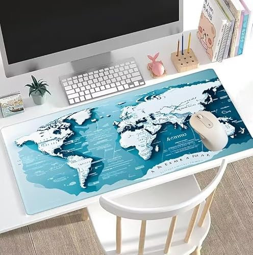 Tapis de Souris Carte Monde Tapis de Souris Gamer XXL 1600x800x3mm Gaming Accessoire, Tapis de Souris Bleu Tapis Souris Résistant à l'eau avec Base en Caoutchouc antidérapant, Bureau Travail W5-462
