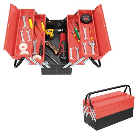 Metal Cantilever Tool Box with 5 Trays, Portable Garage Tools Storage Boxes Space Saving, 3 Tier 5 Trays Metal Tool Box for Home Workshop Warehouse