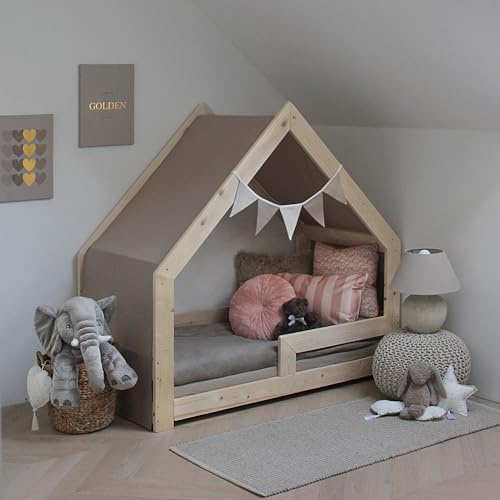Need Sleep Hausbett Himmel mit Wimpelkette für Bett 70x140 cm - 100% Baumwolle Betthimmel Mädchen Junge- Himmelbett Vorhang für Kinderbett - Baldachin Kinderzimmer Deko Beige (345 cm x 70 cm)