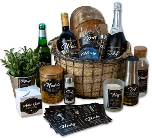 younikat Aufkleber-Set 19 Stk. Einzug Schwarz - dv1537 | Geschenk Einweihung Einzug Umzug, Aufkleber für Salz Brot Wein etc. Präsentkorb