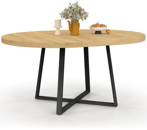 IDMarket Selma – Mesa de comedor extensible redonda para 4-8 personas, madera y negro, 110-150 cm