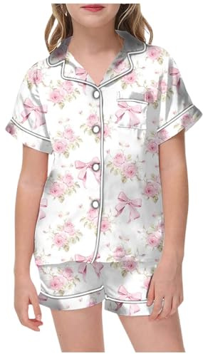 Kids Girls Satin Short Pyjamas Set Two Piece Summer Girls Short Sleeve Silky Button-Down Pjs Floral Bow Printed Nightwear Comfor Lightweight Children Sleepwear Teens Age 2-13 (White, 12-13 Years)