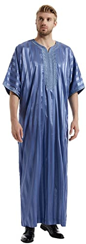 Vêtements islamiques du Moyen-Orient Rayé Manches mi-longues Brodé Thobe Musulman Coupe ample Casual Robe Arabe Saoudienne Caftans Dubaï Robe, Bu2., XL