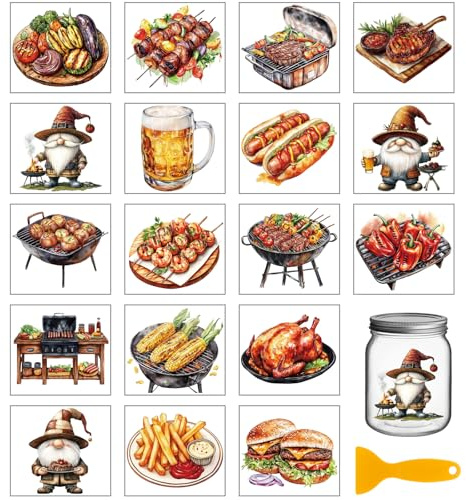 GLOBLELAND 18 Blatt Barbecue Lebensmittel Abziehbilder Zum Basteln Kochzwerg Wasserdicht UV DTF Becherfolien Bier Hamburger Aufkleber Für Wasserglas Flaschen Vase Porzellan
