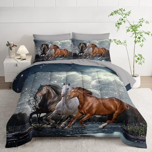 Smell Sunshine 7Pcs Comforter Set 3D Western Horses Printed Bedding Set with 1 Comforter, 1 Flat Sheet, 1 Fitted Sheet and 4 Pillowcases for Boys and Girls Bedroom All Season(Horses Full)