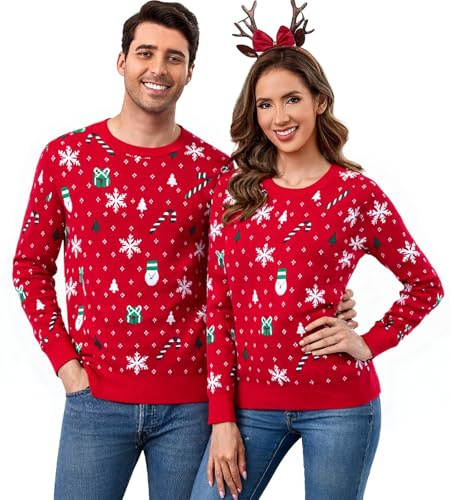 Aottori Maglione Natalizio Uomo Girocollo Maglia di Natale Coppia Famiglia Maglieria Lavorato Natalizi Fiocco di Neve Inverno Rosso M