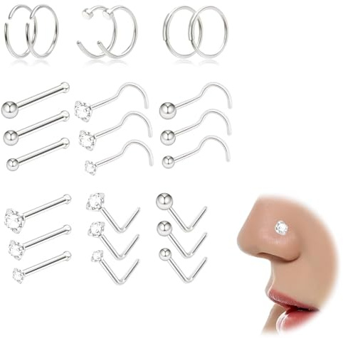 24PCS 20G 14K Gold Nose Stud - 316L Surgical Steel Nose Rings(Gold/Silver) | Hypoallergenic, L-Shaped & Corkscrew Nose Ring with 6A Round CZ Gem - Secure & Comfortable Nose Piercing Jewelry