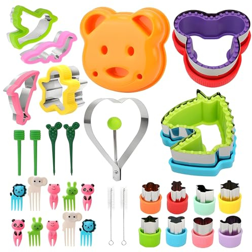 32 Pcs Sandwich Cutter and Sealer Set, Decruster Sandwich Maker and 10 Pcs Cartoon Fruit Pick, DIY Cookie Cutters Bread Press Mold, Pancake Maker for Children Kids Boys Girls Bento Breakfast