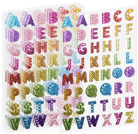 192 Pieces Self-Adhesive Letter Number Stickers, Sticky Alphabet Sticker | with Gems and Rhinestone for Scrapbook, DIY and Crafts Supplies, 4 Sheets Multi