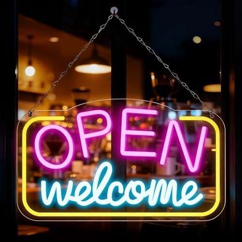 Behogan Cartel de neón abierto de bienvenida, 42 x 23 cm, señal de neón LED abierta para negocios, cartel luminoso luminoso con funcionamiento por USB, regulable