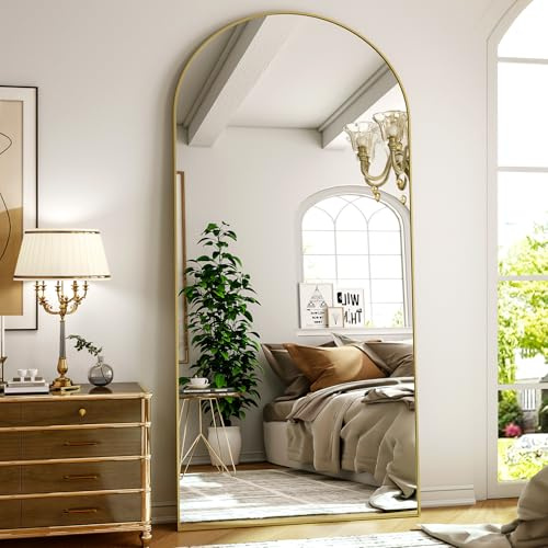 ZenoMirris Ganzkörperspiegel 180x67 cm, Bogenförmiger Standspiegel mit Aluminiumrahmen – Bodenspiegel und Wandspiegel zum Stehen, Anlehnen oder Hängen, für Schlafzimmer & Wohnzimmer, Gold
