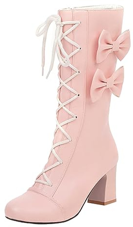 2023 Hiver Coréen Femmes Rose Bowknot Chunky Talon Haut Talon Moyen Mou Bottes Étudiant, Rose, 39 EU