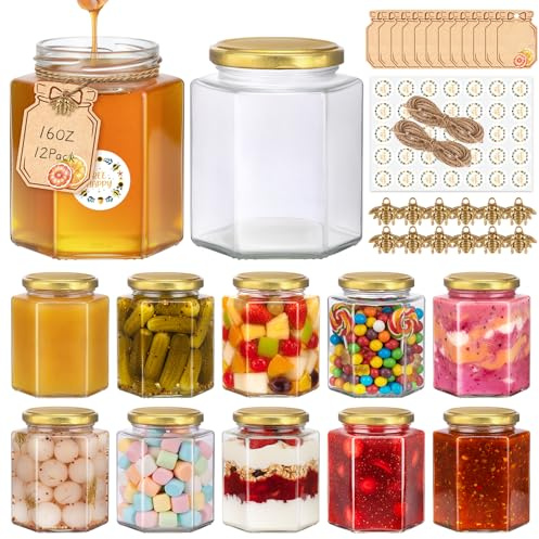 480 ml Hexagon Glass Jars 24Pack with Gold Lids, Airtight for Honey & Jam