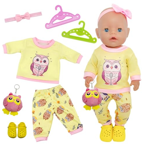 Puppenkleidung für 36-43 cm Newborn Baby Puppen, Gelbe Eule Puppen Kleidung Outfit, 1 Eule-Stofftier 1 Oberteil und Hose 1 Hausschuhe 1 Haarband 2 Kleiderbügel Kleidung geeignet für 14-18 inch Puppen