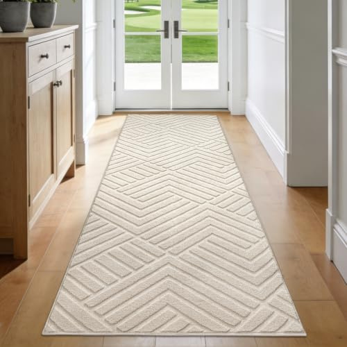 Enyhom Läufer Flur 80x240 cm Creme, rutschfest Waschbar Teppichläufer Modern 3D Effekt Hoch-Tief-Fasern Flurläufer für Eingang Küche Wohnzimmer Schlafzimmer