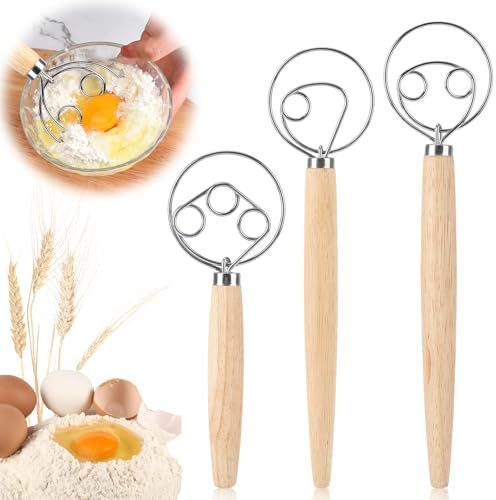 Lot de 3 fouets danois - Batte à œufs avec manche en bois - Mélangeur de pâte à pain avec double trous pour la cuisson du pain, de la pâte, des gâteaux, des pâtisseries, de la pâte à pizza