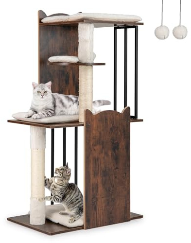Maxmass Multi-level Cat Tree, 112cm Wooden Kitten Tower with Sisal Scratching Posts, Removable Cushions and Hanging Balls, Indoor Cats Climbing Frame for Bedroom Living Room