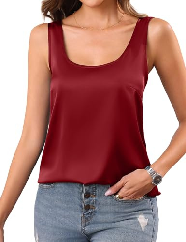 Aottori Camiseta Sin Mangas Satén Mujer Verano Básico Cuello U Suelto Elegante Top Liso Elástico Camisola Casual Rojo Vino L