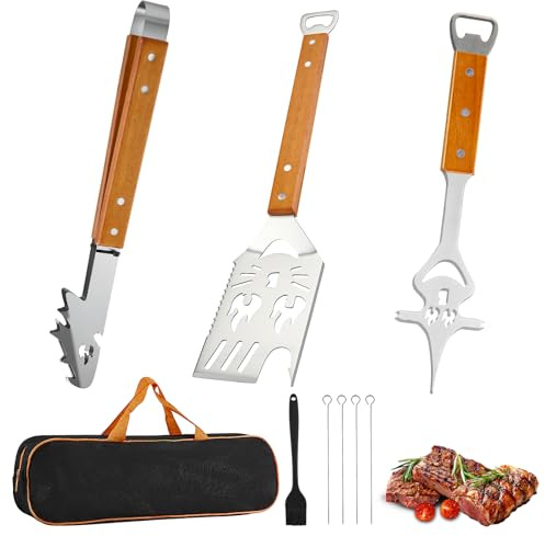 Eirolace Lot de 5 ustensiles de barbecue extra longs en acier inoxydable avec manche en bois, pince à barbecue, fourchette à viande, spatule, brosse à barbecue, 4 brochettes et sac – Accessoires de