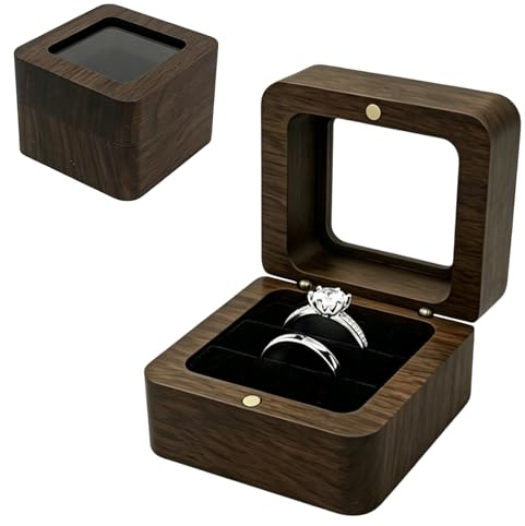 Boîte À Bagues en Noyer avec Fenêtre Transparente, Écrin pour 2 Anneaux avec Intérieur en Velours Noir, Porte-Alliance Mariage Élégant, Boîte Fiançailles, Coffret de Présentation pour Bijoux