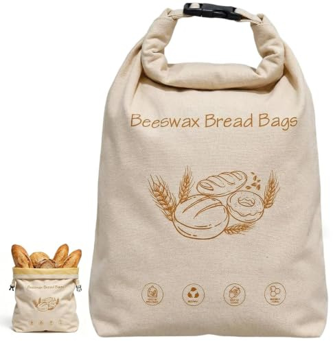 Bread Bag, Wide Zipper Access Cotton& Beeswax Bread Bags, Reusable Beeswax Food Storage Bags, Portable Cotton Food Storage Bag for Home Bakers, Sourdough, Artisan Loaves to Keep Fresh