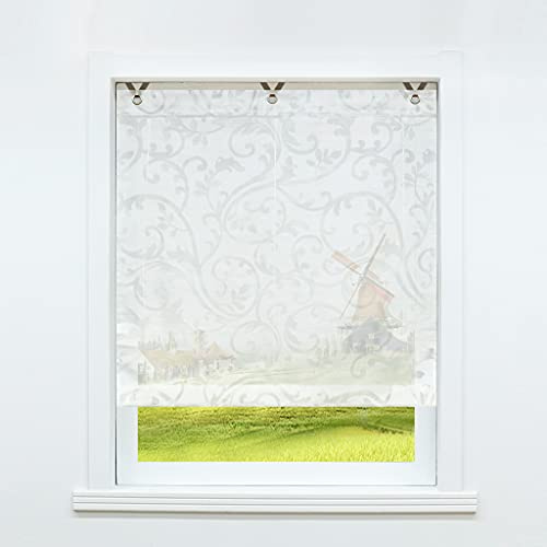 CORLIF Raffrollo ohne Bohren mit Hakenaufhängung Raffgardinen Ausbrenner Gardinen Halbtransparent Ösenrollo Vorhänge mit Blumen Weiß BxH 45x130 cm 1 Stück
